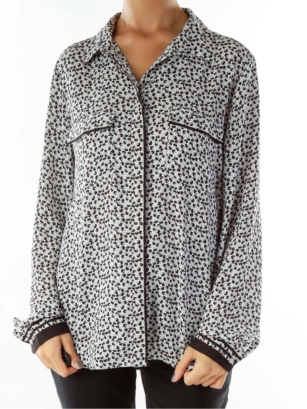 LOFT Animal Print Blouse White & Black Pocket Long Sleeve Collared Small Women’s